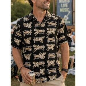 Men’s Black Hawaiian Shirt Woody Car Surf Print Knightsbridge L Tropical Coastal